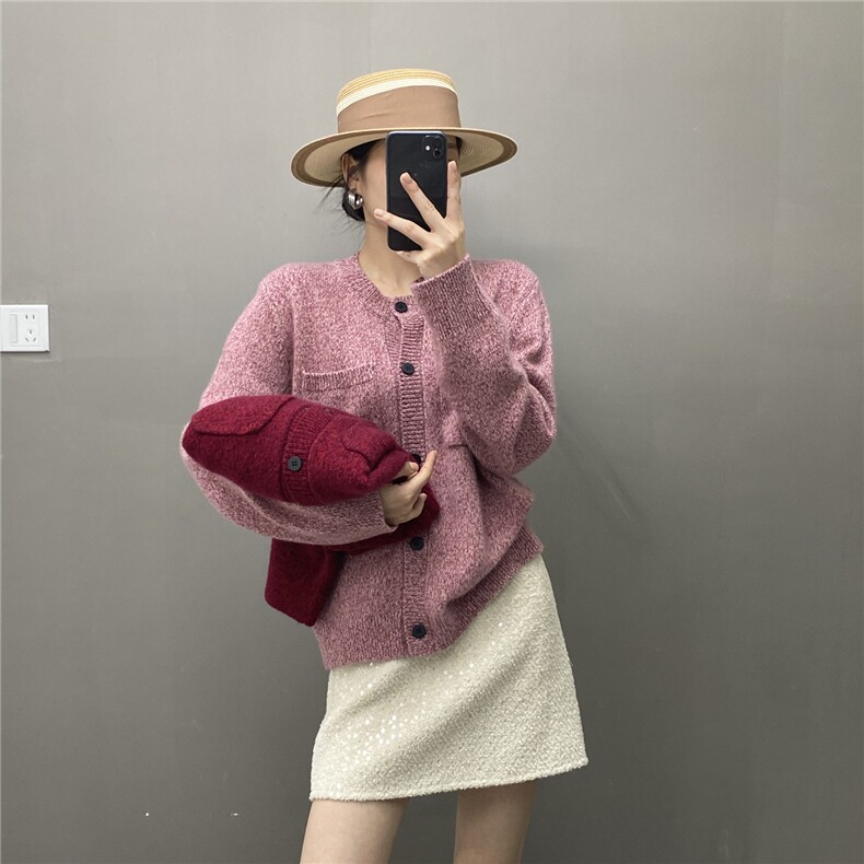 HE|花式纱小香风加厚baby山羊绒针织开衫女圆领毛衣宽松外套,针织衫/毛衣,国旺羊绒