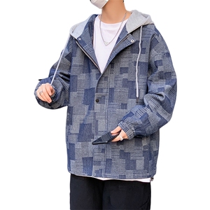 JK6007/P80春装新款牛仔撞色连帽格子夹克男潮大码外套上衣控118图片