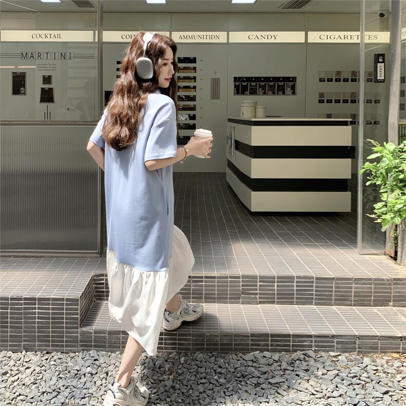 法式蓝色拼接连衣裙女夏小个子超火衬衫裙鱼尾裙甜美风初恋桔梗,女装连衣裙,2C217