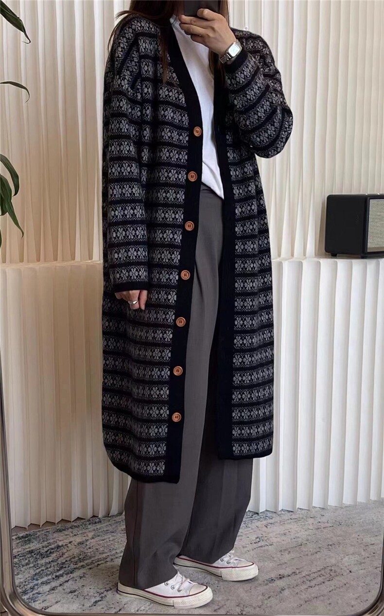 中长款V领开衫女秋冬慵懒软糯休闲宽松保暖针织衫图片