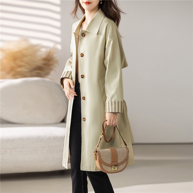 米白色气质中长款风衣外套女2025秋季新款时尚翻领休闲高级感大衣,女装风衣,慕咨