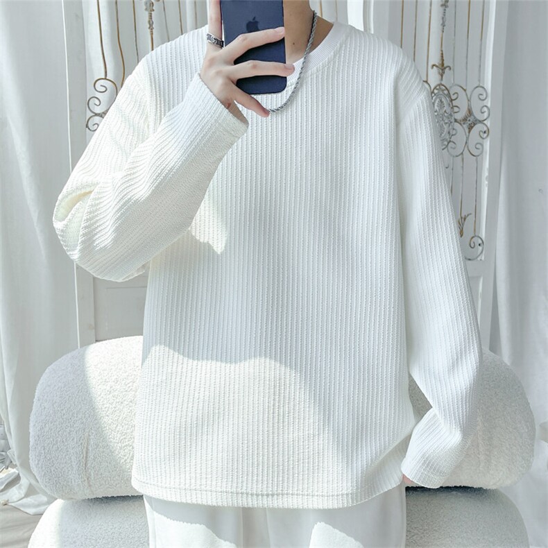 肌理感提花V领长袖T恤男春秋季美式潮流宽松大码情侣款内搭打底衫，男装T恤，电商A022