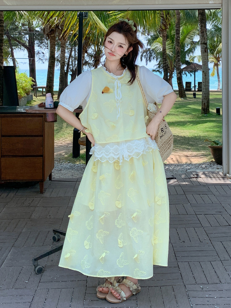 2025夏季韩系立体蝴蝶蕾丝马甲衬衫半身裙套装多巴胺氛围感三件套,女装套装/套裙,含赞
