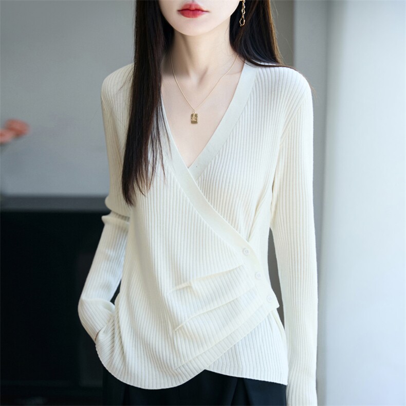 2025百搭时尚简约交叉不规则长袖打底针织衫，女装针织衫/毛衣，九嘉羊绒