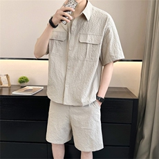 2025夏季冰丝短袖短裤透气褶皱两件套运动休闲套装2716-P95，男装牛仔裤，电商A413