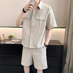 2025夏季冰丝短袖短裤透气褶皱两件套运动休闲套装2716-P95