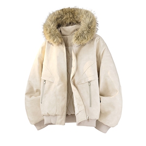 现货 扎染PU皮棉服男冬季加厚连帽棉衣座山雕大毛领外套M090-P120图片