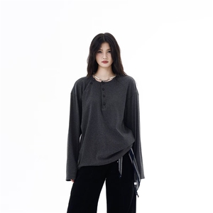 T56-P38 2025秋季亨利领长袖t恤男女情侣上衣美式复古休闲图片