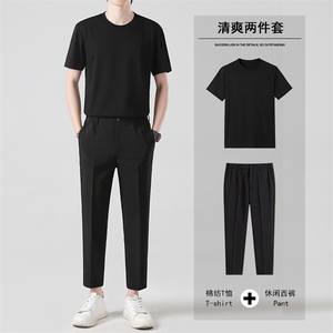 夏季九分西裤男长裤修身韩版港风休闲裤短袖衬衫纯棉套装两件套潮图片