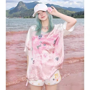 美式复古v领短袖女夏季卡通少女印花运动t恤球衣风宽松休闲上衣潮图片