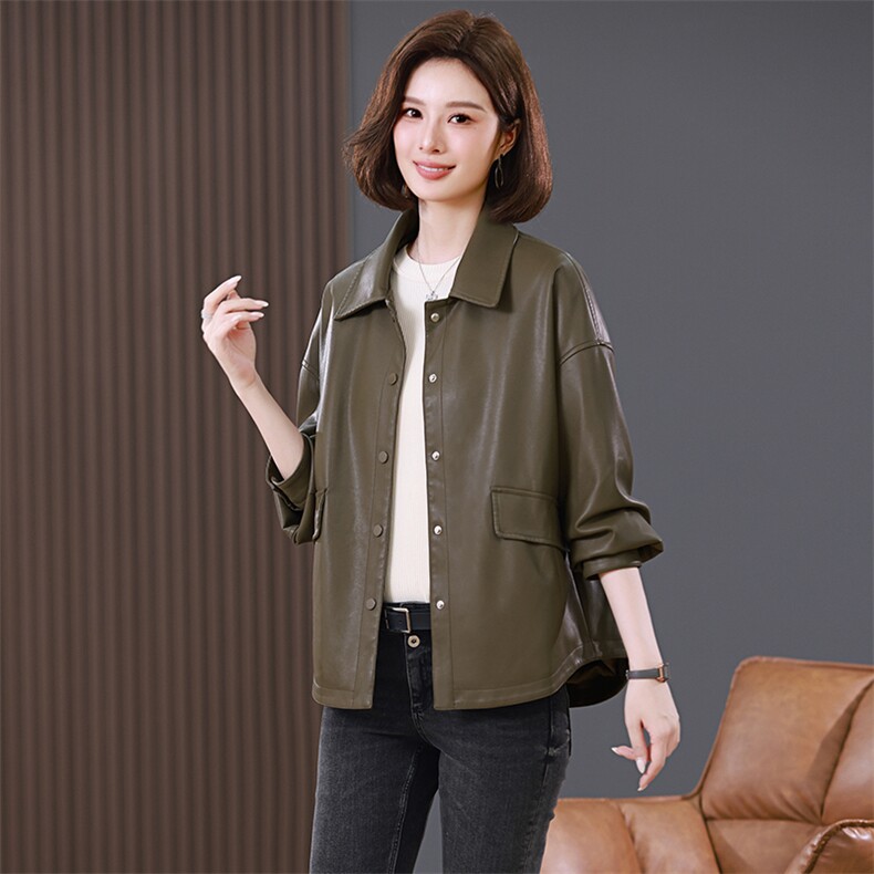 原创设计韩版大码显瘦复古纯色简约气质休闲皮衣外套女，女装皮衣，希欧阁