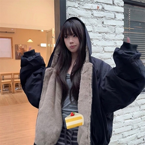 两面穿现货重磅短款座山雕棉衣男女双面穿毛毛绒棉服加厚外套图片