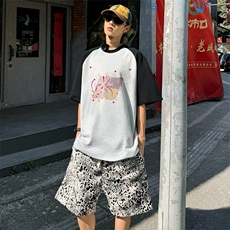 抖音得物高品质二开240克宽松纯棉美式潮牌插肩袖拼接短袖T恤，男装T恤，电商A486