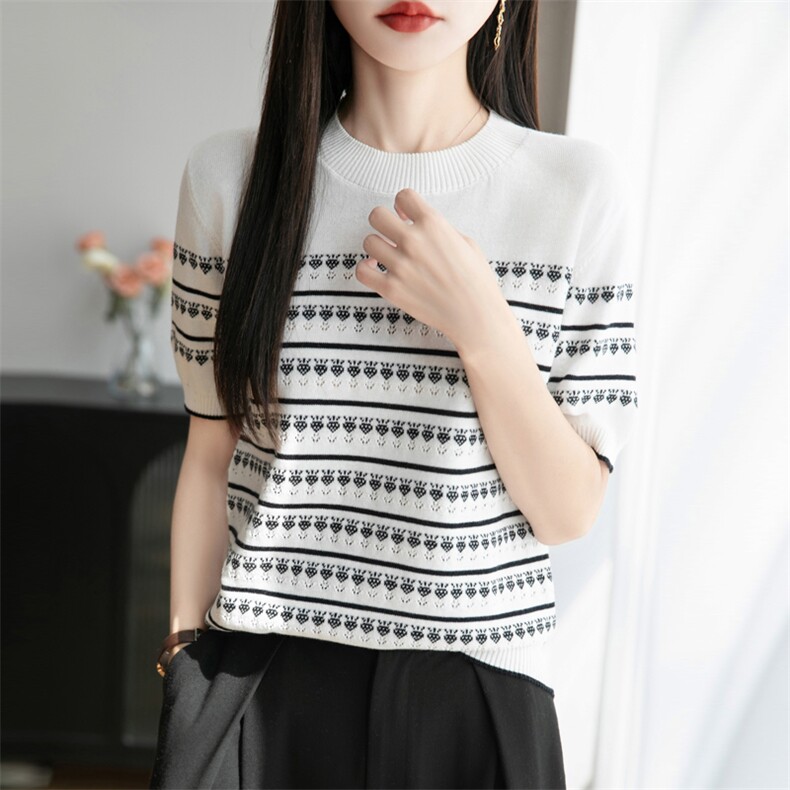 夏季时尚百搭圆领条纹精纺冰丝针织短袖女显瘦大码休闲宽松上衣女,女装T恤,秋双羊绒