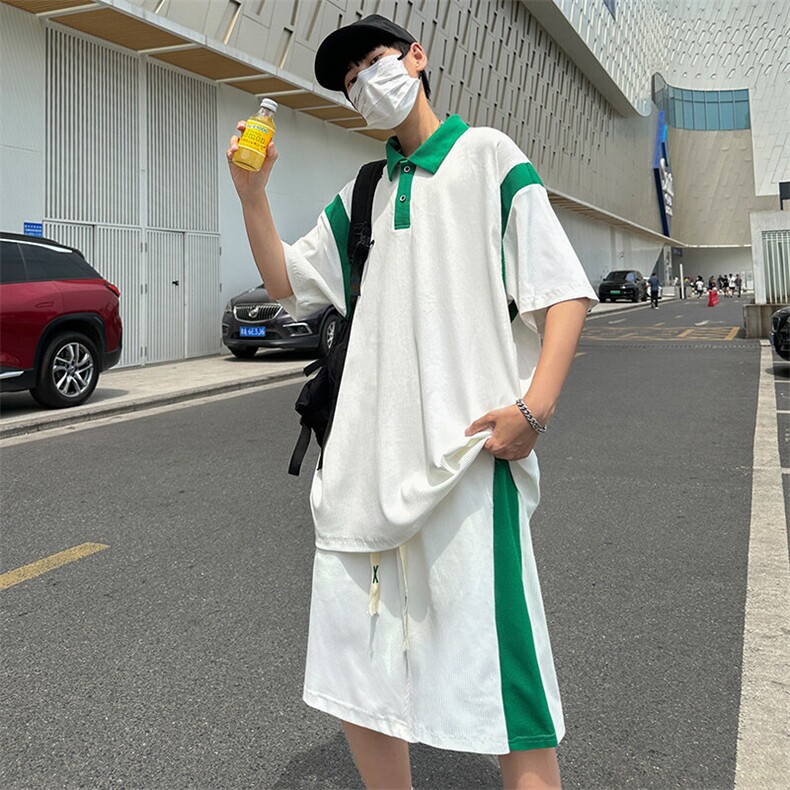 现货主推大码港风情侣翻领polo衫五分裤休闲套装男S14P60,男装牛仔裤,电商B226-2（原B217-2）