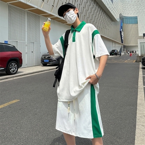 现货主推大码港风情侣翻领polo衫五分裤休闲套装男S14P60图片