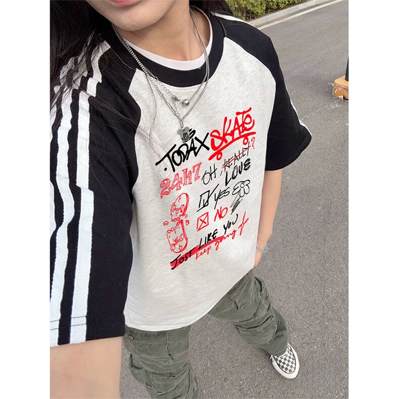 抖音得物品质二开240克宽松纯棉美式潮牌插肩三杠织带短袖T恤图片