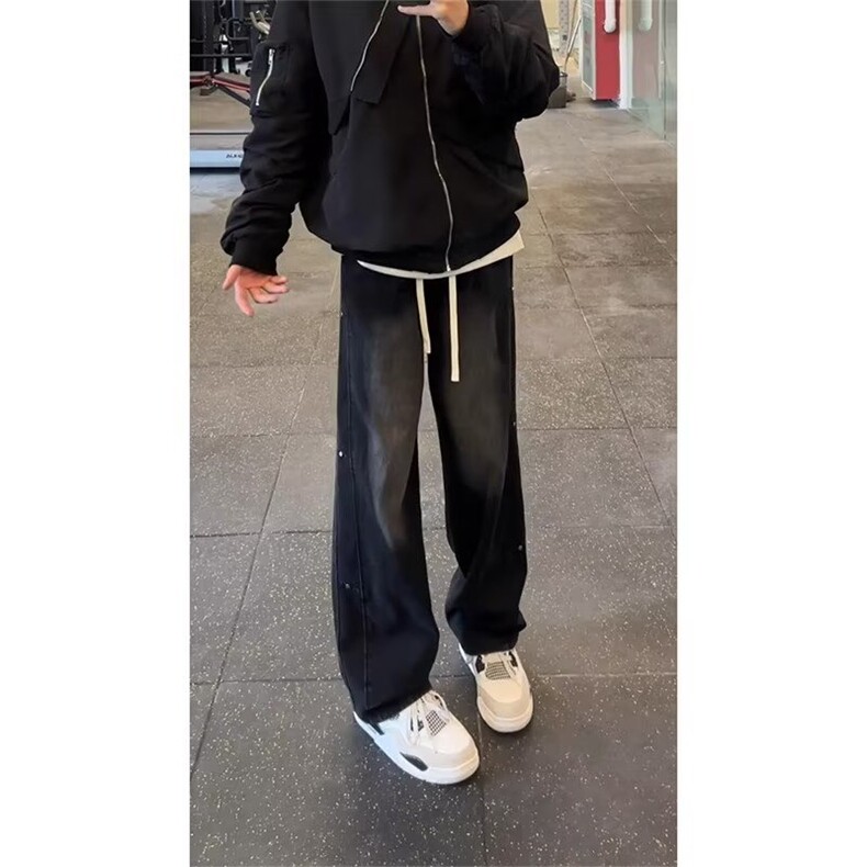 复古水洗高街做旧美式百搭牛仔裤男春季宽松阔腿裤直筒休闲长裤子,男装牛仔裤,星座506A