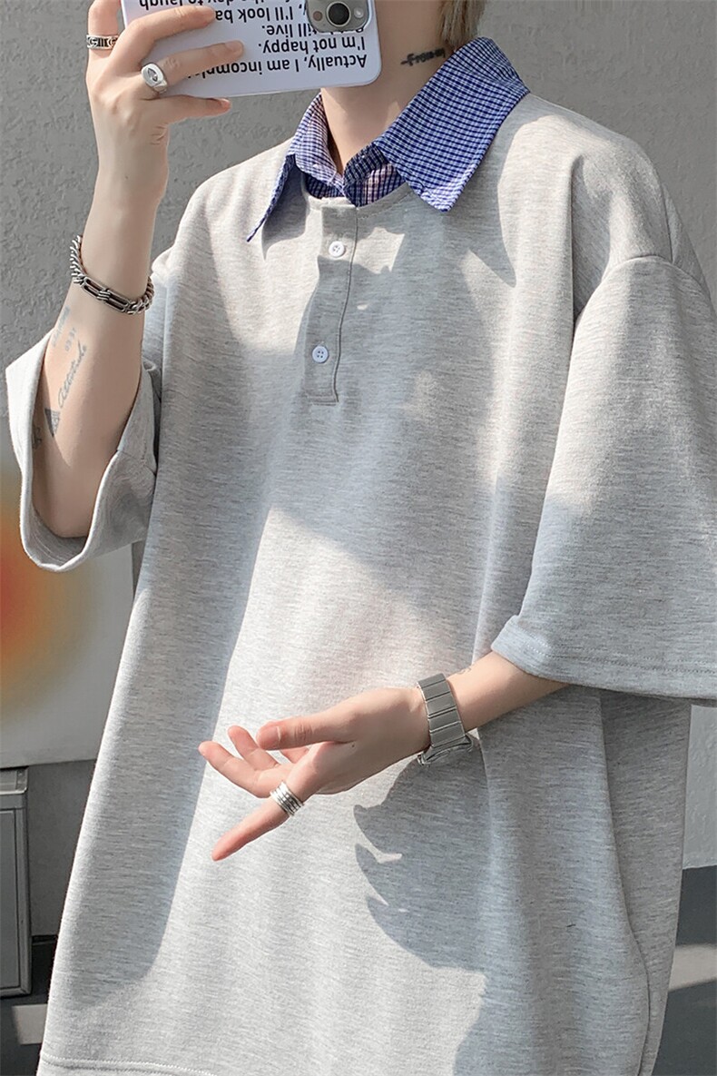 8XL-M格纹拼接假两件短袖t恤大码美式重磅polo翻领半袖DX1218/P48,男装T恤,电商B238
