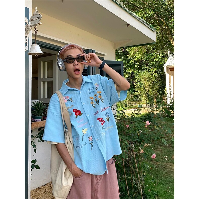 网图有货美式华夫格彩色花卉刺绣短袖衬衫男女宽松衬衣A708-P40，男装衬衫，星座1505