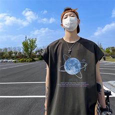 直播品质重磅纯棉220克美式印花宽松背心男女无袖t恤潮BX295P25，男装T恤，电商A486