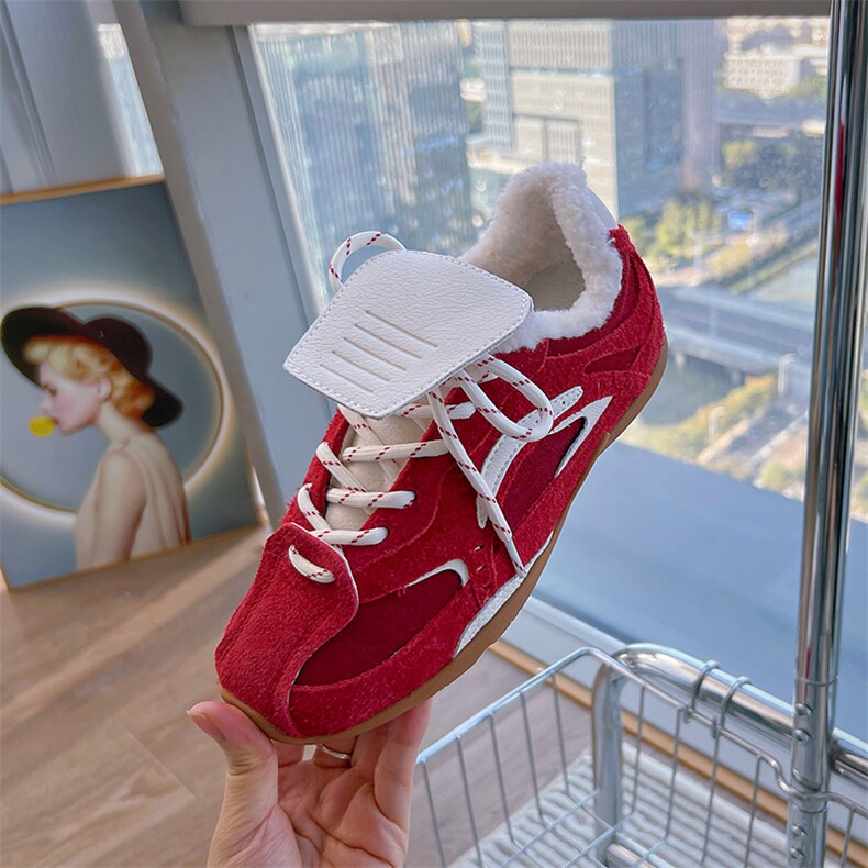 真皮加绒阿甘鞋女2024冬季新款保暖复古运动鞋百搭德训鞋休闲女鞋，女鞋休闲鞋，电商A223