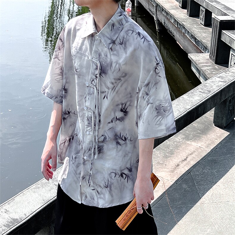 天丝麻风新款男女24夏季水墨竹叶印染大码衬衫CS33-P65-控88,男装衬衫,电商A021