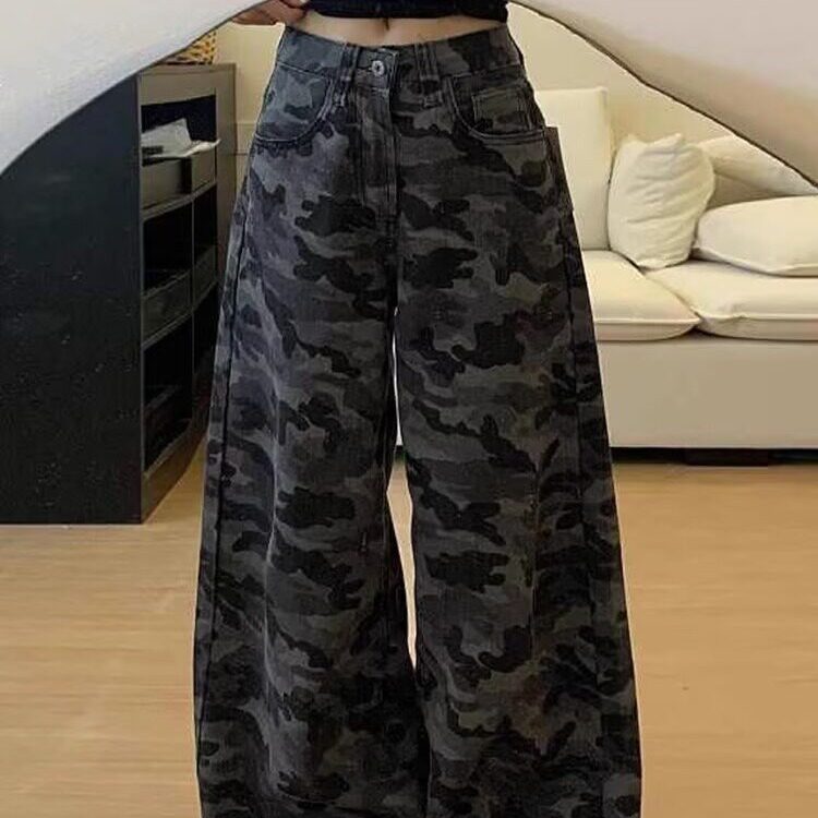 美式复古加绒迷彩裤保暖牛仔裤女秋冬季新款高腰宽松阔腿裤休闲拖,男装牛仔裤,星座302B-2