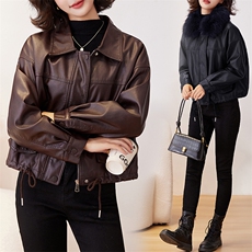 欧货加绒加厚皮衣外套女2024冬季新款小个子短款休闲机车服皮夹克，女装皮衣，美拉德工厂直营店