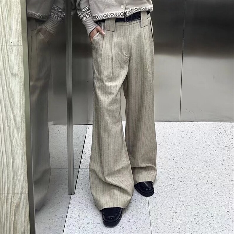 美式复古通勤高智老钱风条纹西裤男女宽松垂感百搭弯刀休闲西装裤图片