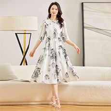 水墨印花夏季A字裙木耳边半袖连衣裙，女装连衣裙，雅之冉羊绒