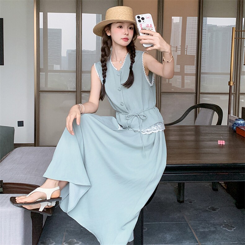 法式甜美蕾丝拼接马甲半身裙套装女2025夏新款超好看小个子两件套,女装套装/套裙,2C317A