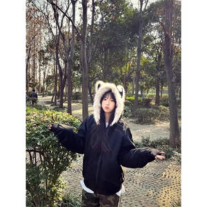现货重磅硬挺boxy羽绒棉衣座山雕猫耳大毛毛领麂皮棉服冬外套图片