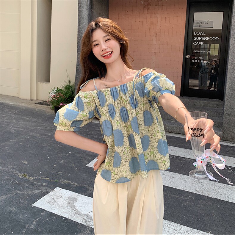 小个子法式茶歇印花一字肩上衣套装女夏新款休闲舒适阔腿裤两件套，女装套装/套裙，维壹