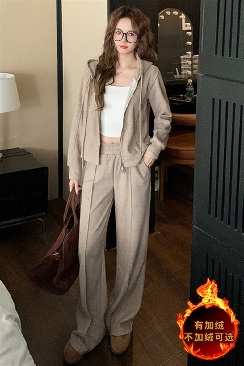 女春季新款高级感拉链开衫连帽卫衣直筒裤两件套,女装套装/套裙,江南