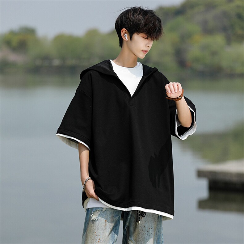 8XL-M假两件短袖卫衣连帽t恤男夏季薄款宽松大码学生半袖DT007P48,男装T恤,电商B312