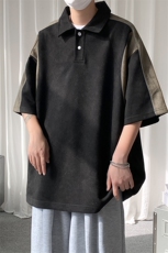 A177-T515夏季新款麂皮绒拼接男生短袖POLO衫94%聚酯纤维6%氨纶，男装Polo衫，电商A177