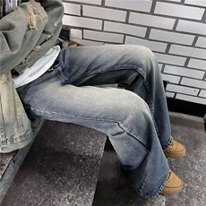 美式高街潮微喇裤秋季男女水洗复古宽松直筒阔腿牛仔裤N060-P45，男装牛仔裤，星座308B-1