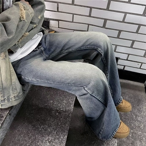 美式高街潮微喇裤秋季男女水洗复古宽松直筒阔腿牛仔裤N060-P45图片