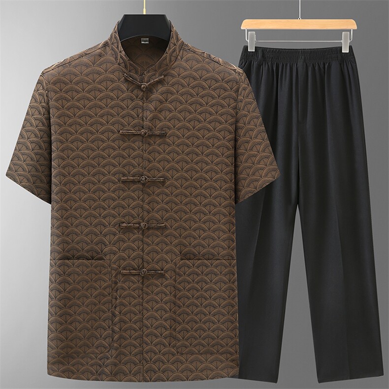 主推新款夏季唐装香云纱短袖衬衫套装男中老年风复古盘扣衬衫，男装民族服装，钱塘723