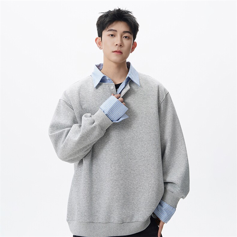 420克重磅衬衫领假两件套头卫衣外套W057特批48，男装衬衫，电商A073