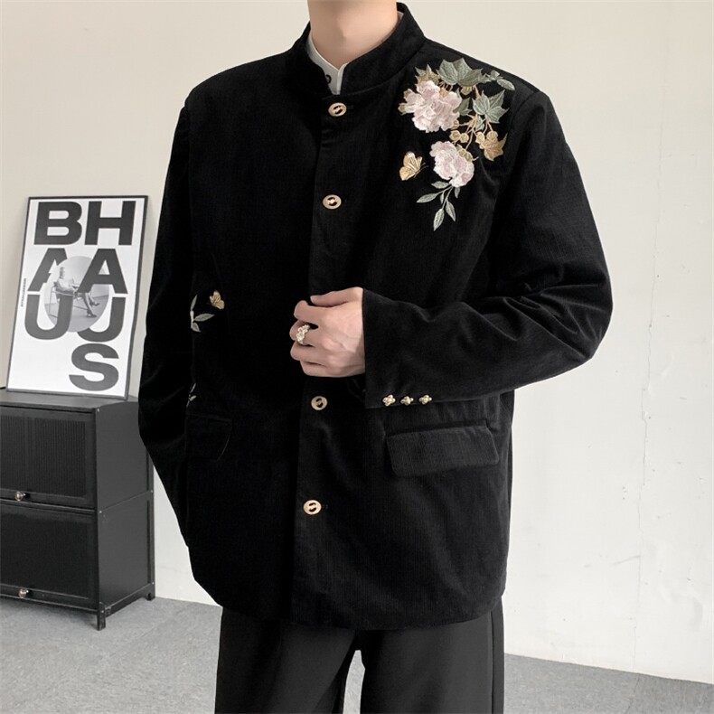 春秋新中式立领黑色牡丹蝴蝶刺绣金属扣西服男女同款休闲外套,男装西服,星座909
