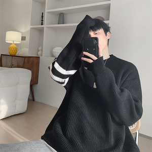 三条杠圆领毛衣男款秋冬季高级感潮牌慵懒风外套潮流百搭针织线衣图片