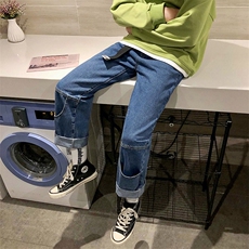 港风春款男牛仔裤工装大口袋宽松直筒九分裤N，男装牛仔裤，星座1013-1