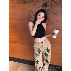 卡其色十字架拼皮牛仔裤女口袋宽松个性中低腰直筒显瘦休闲长裤女，男装皮裤，星座506A