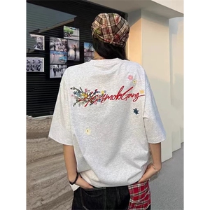 网图有货 美式夏季手写花卉刺绣短袖T恤男女宽松情侣上衣A466-P30图片