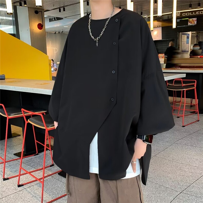 不规则百搭标准夏季男ins纯色潮流衬衫潮青春流行气质五分袖图片