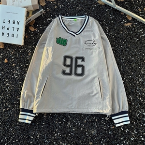 港风秋款男V领卫衣棒球服运动条纹夹克外套WY66 P45图片