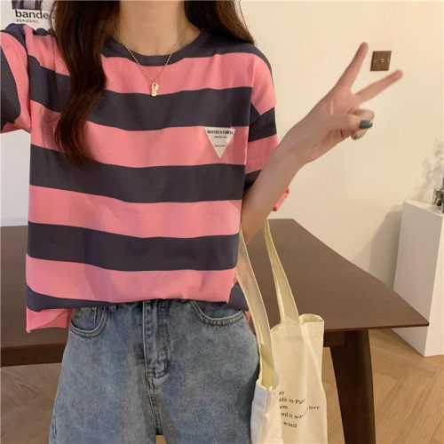 冰丝圆领套头撞色条纹修身百搭短袖针织上衣女，女装T恤，潮品会