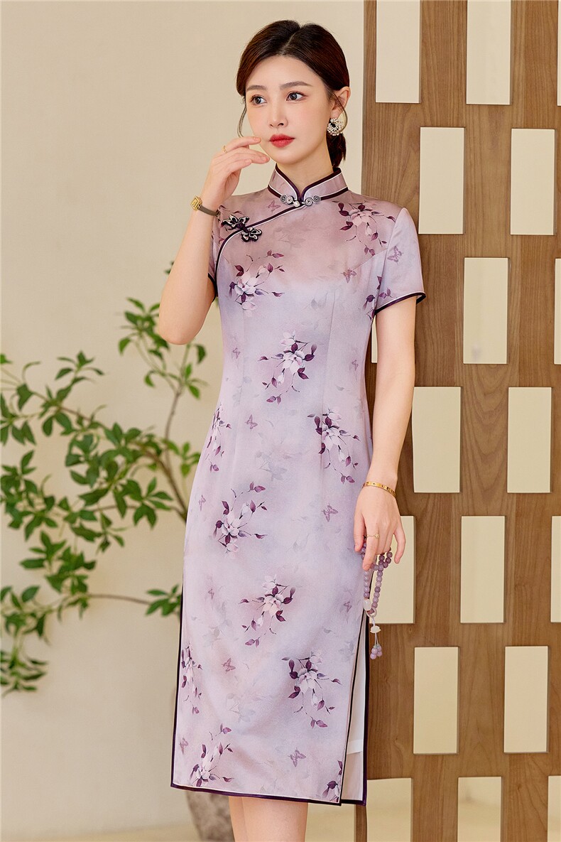 杭州品质真丝长裙复古印花连衣裙女春夏日常修身潮流真丝旗袍,女装汉服/婚纱/旗袍/礼服,小荷流
